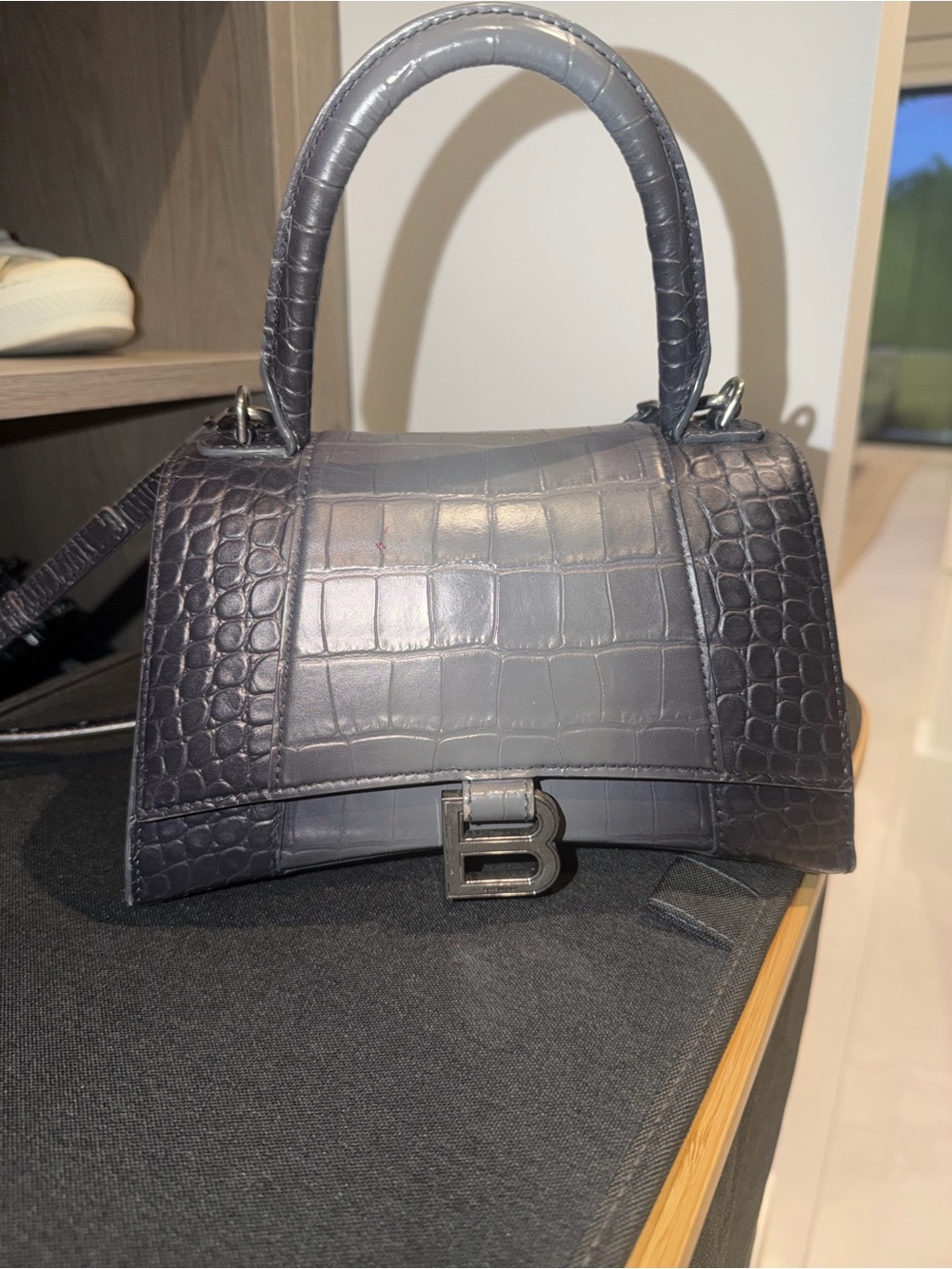 Balenciaga Croc-Embossed Top Handle Satchel in Dark Gray